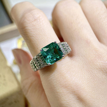 Imitation Paraiba Iron Tower Ring Lake Green High Carbon Diamond Green Zircon Color Treasure Open Ring