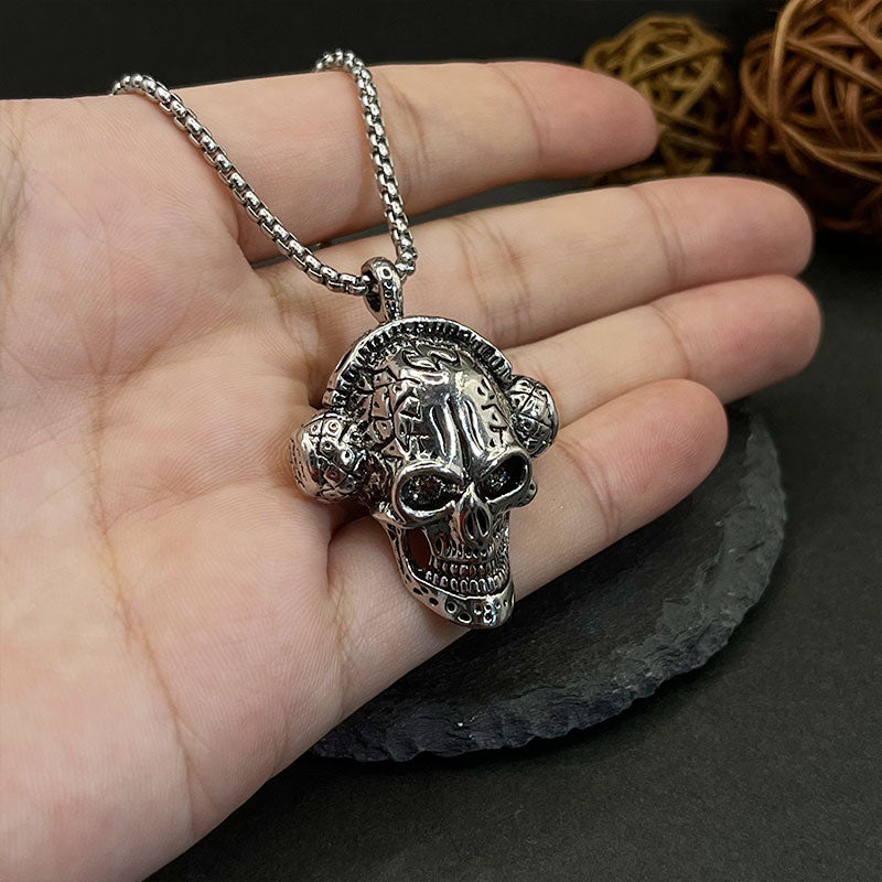 Stainless Steel Skull Headphones Pendant Retro Punk Men's Necklace