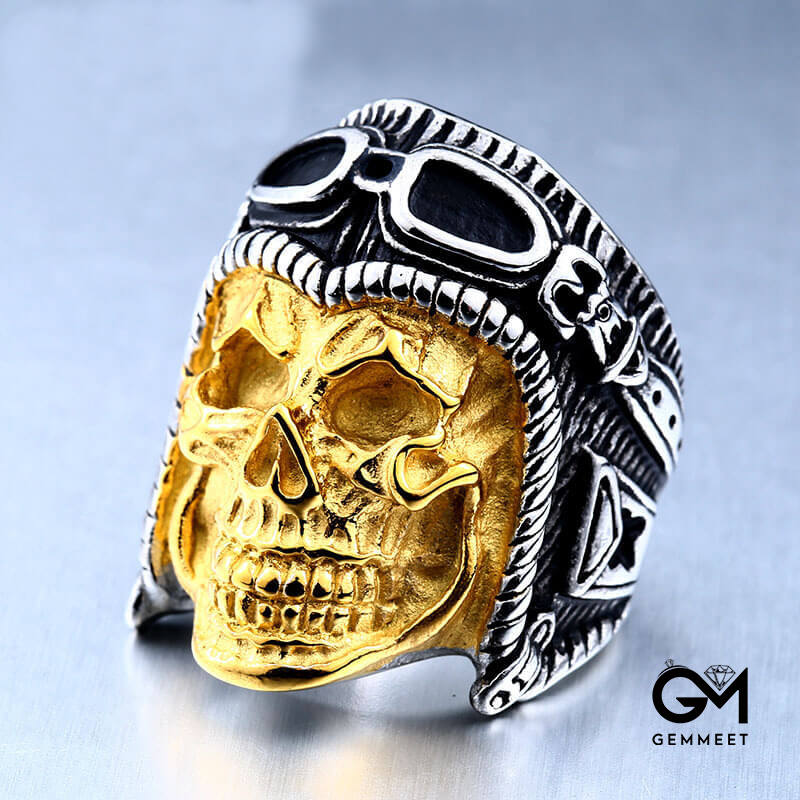 Titanium Steel Punk Engraved Skull Pilot Ring