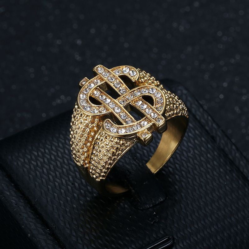 HIPHOP Vacuum Plating Inlaid Zircon Dollar Sign Men's Ring