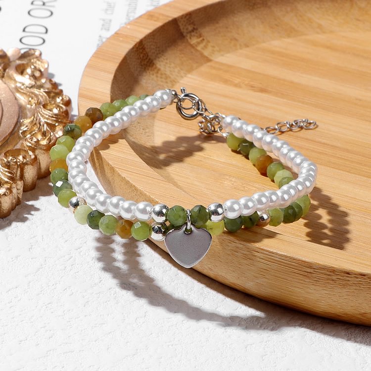 Faceted Stone Pearl Heart Charm Double Layer Bracelet