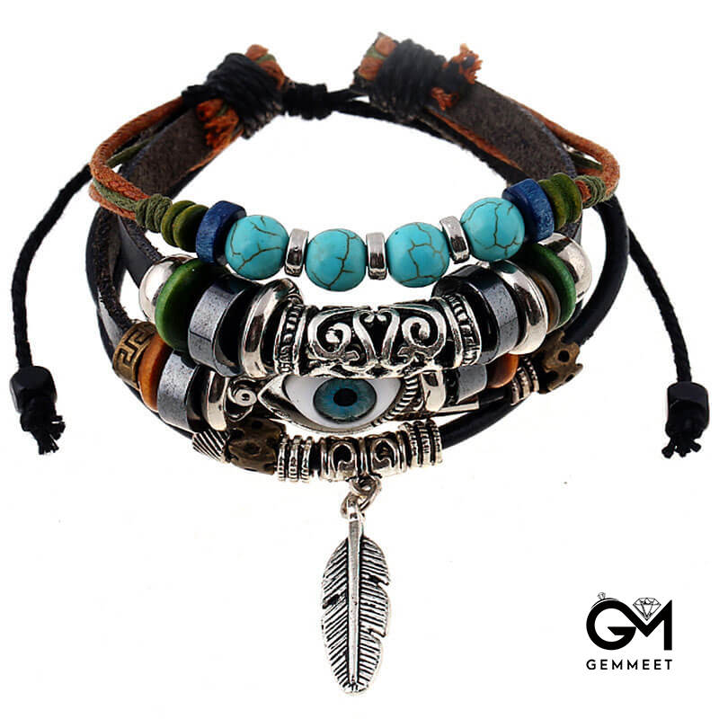 Beaded Multilayer Blue Eye Leather Ethnic Feather Bracelet