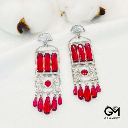 Hollow Rectangular Red Stone Tassel Drop Earrings