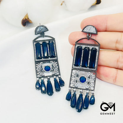 Hollow Rectangular Blue Stone Tassel Drop Earrings