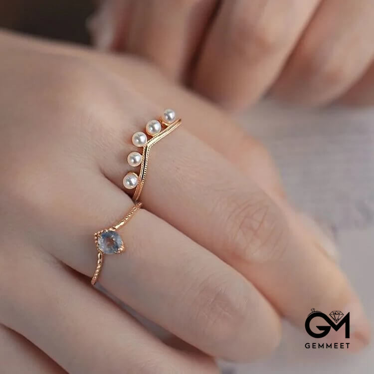 Crystal Pearl Wedding Stacking 2 Pcs Ring Set