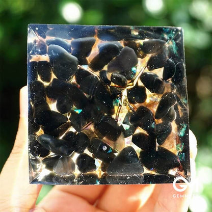 Obsidian with Clear Crystal Tree Of Life Orgone Pyramid