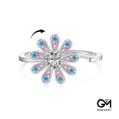 S935 Sterling Silver Blue Pink Zircon Flower Ring