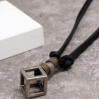 Vintage Hollow Square Frame Leather Adjustable Necklace