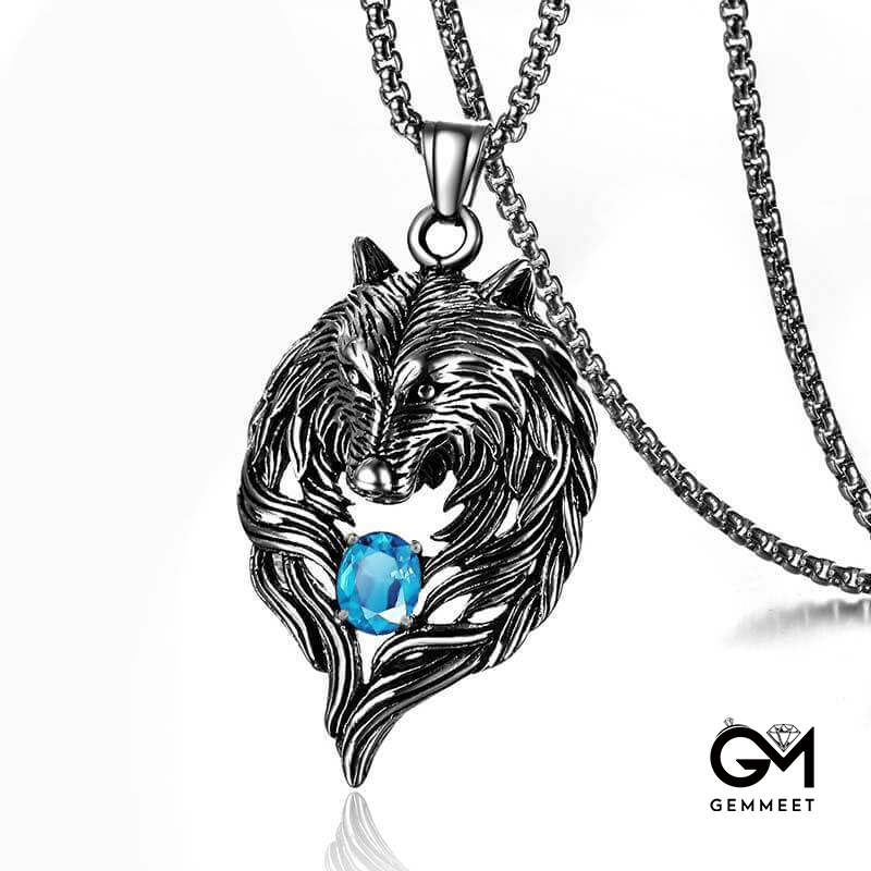 Titanium Steel Red Blue Zircon Wolf Head Necklace