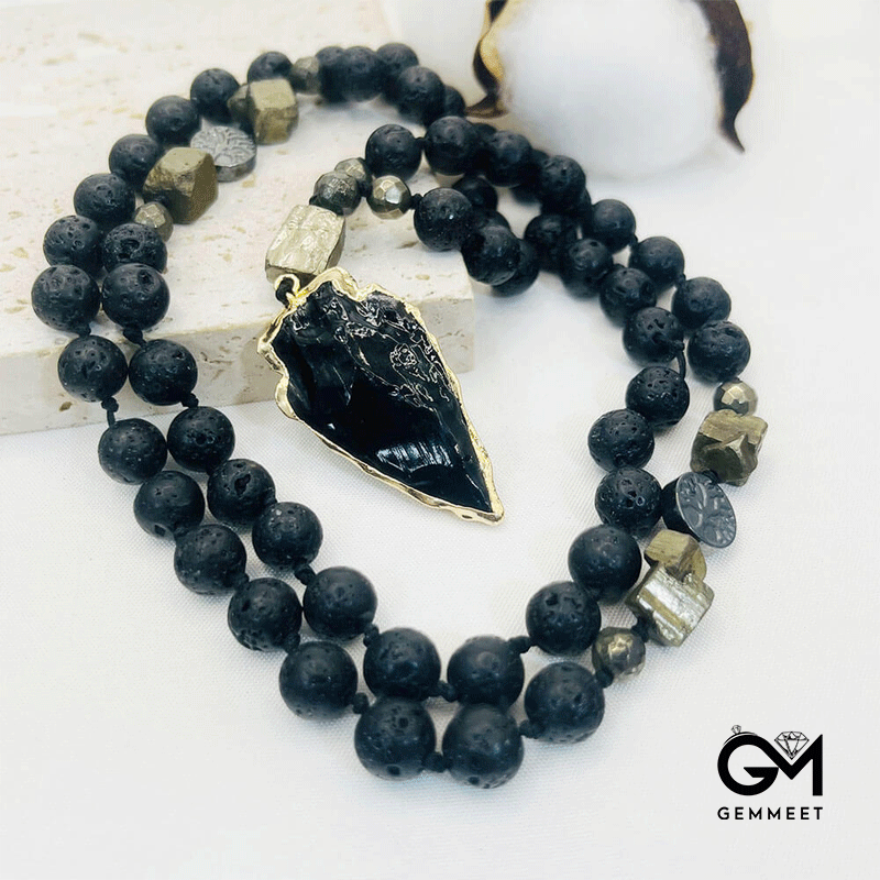 Obsidian Arrow Pendant Rosary Necklace