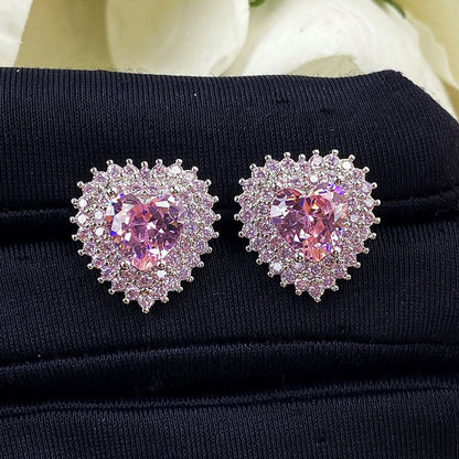 Sweet Cool Light Luxury Wind Pink Heart Earrings Bright Diamonds Cute Barbie Pink Diamond Love Earrings