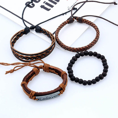 Vintage Cowhide Men's Bracelet Set Braided Leather Bracelets