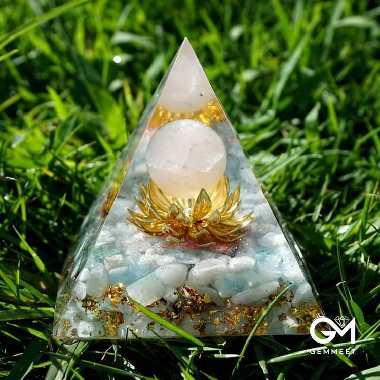 Aquamarine Rose Quartz Lotus Symbol Orgone Pyramid