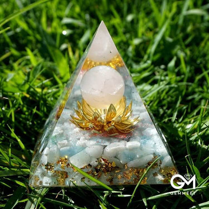 Aquamarine Rose Quartz Lotus Symbol Orgone Pyramid