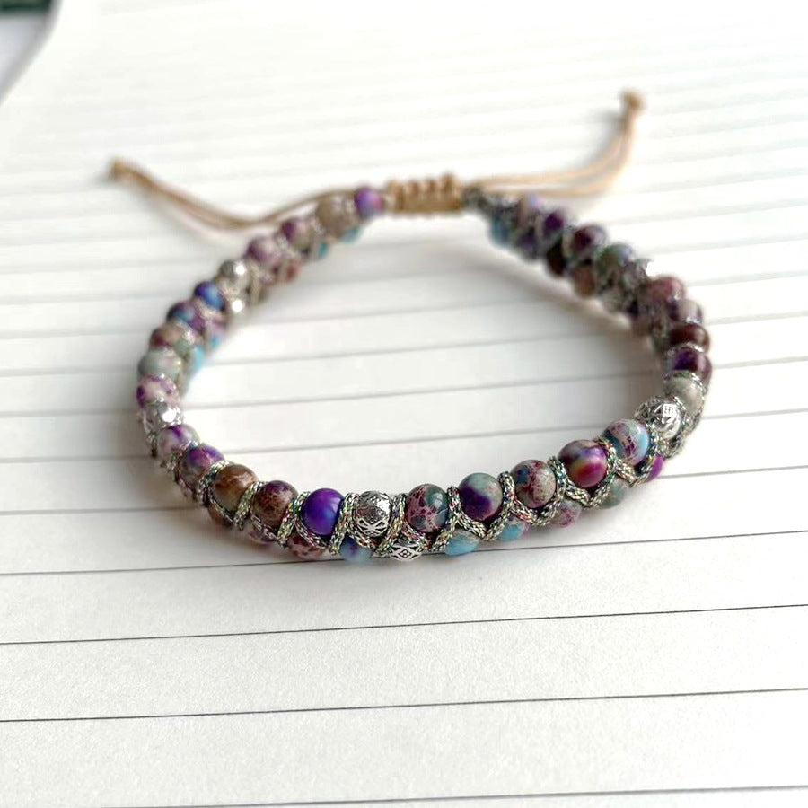 Purple Flower Royal Turquoise Bead Double Woven Bracelet