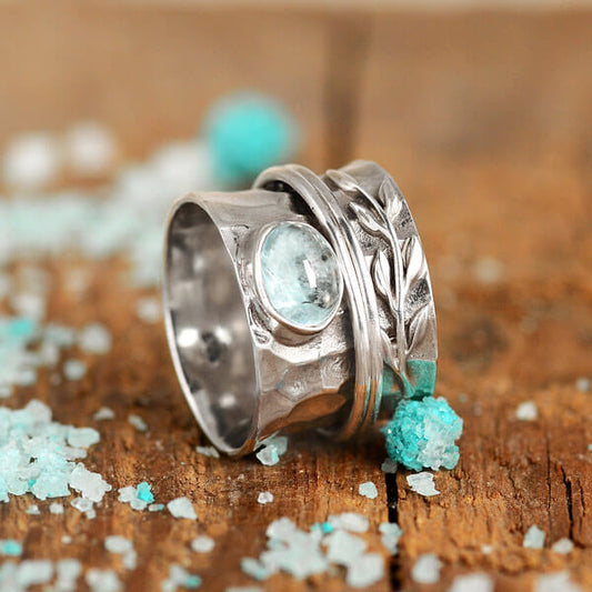 Boho Aquamarine Leaf Ring