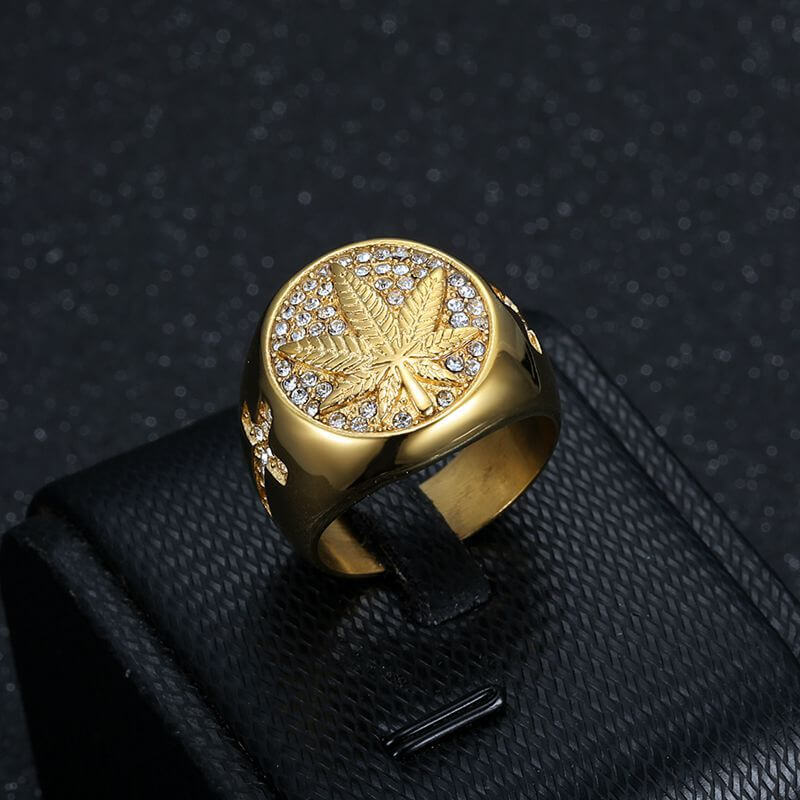 HIPHOP Titanium Steel Gold Maple Leaf Cubic Zirconia Cross Men's Ring