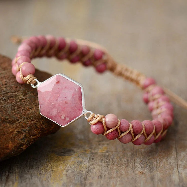 Hexagon Aquamarine Rhodochrosite Wrap Bracelet