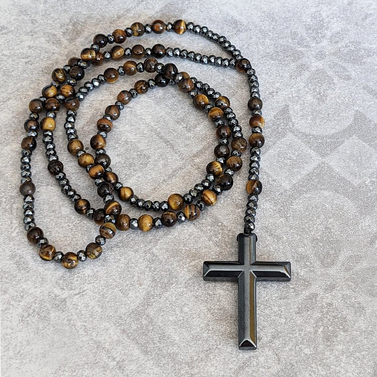 Tiger Eye Lapis Lazuli Cross Men Rosary Necklace