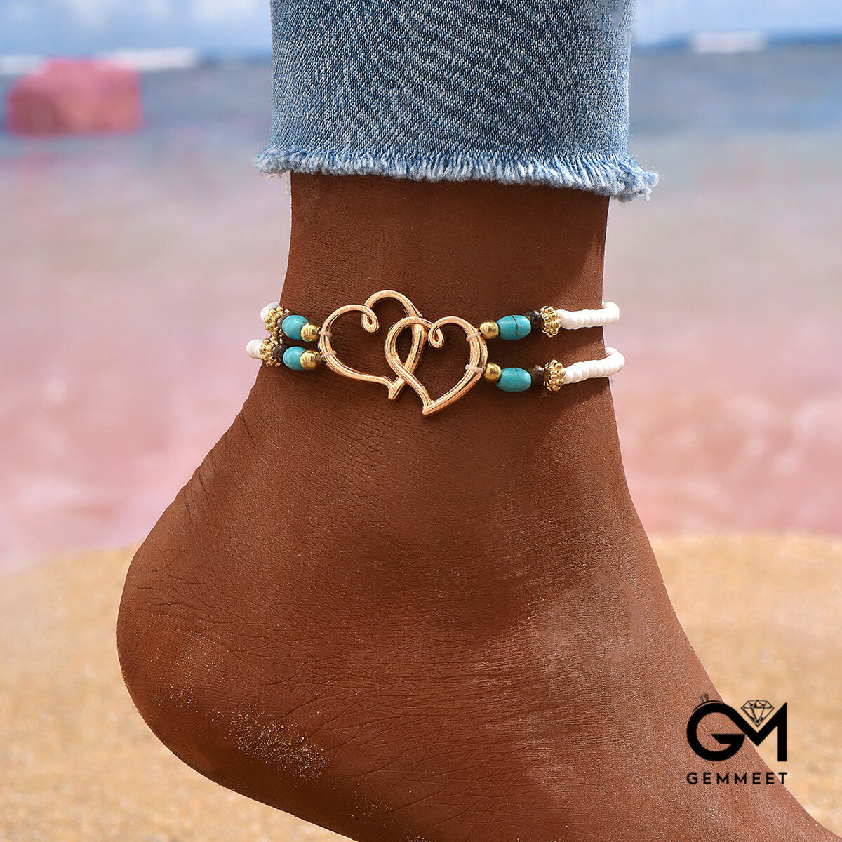 Bead Love Heart To Heart Turquoise Double Anklet