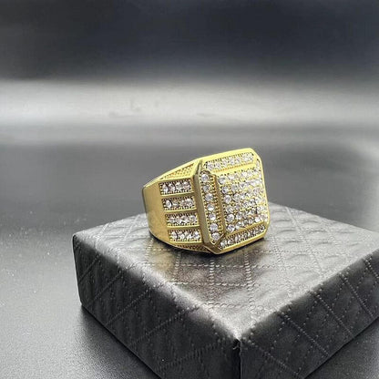 New Hip-Hop Ring Titanium Steel Vacuum Gold-plated Luxury Fully Inlaid Synthetic Cubic Zirconia HIPHOP Men's Ring