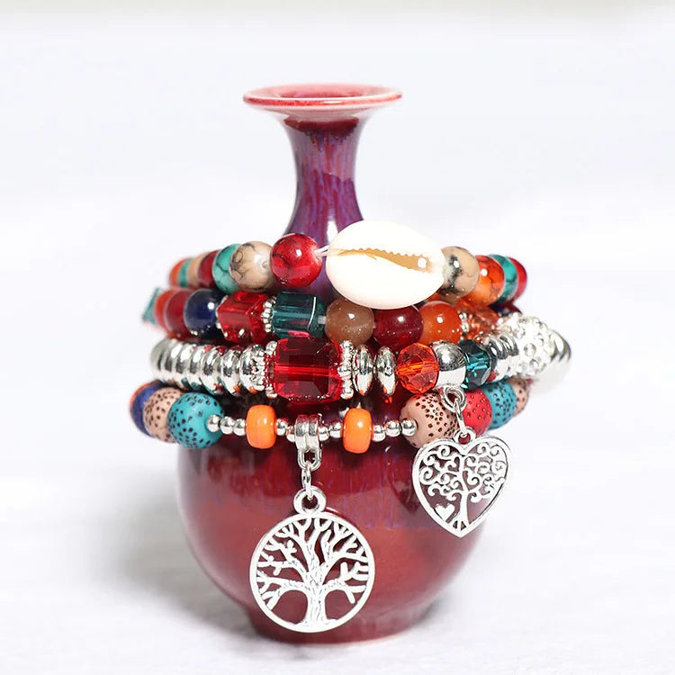 Tree Of Life Heart Pendant Beaded Bracelet Set