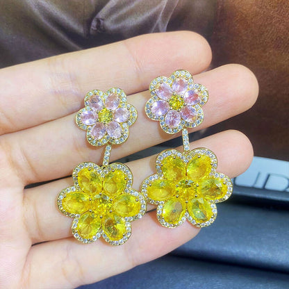 Imitation Sea Blue Diamond Double Flower Exquisite Light Luxury Earrings Burst Ice Flower Yellow Diamond Zircon Earrings