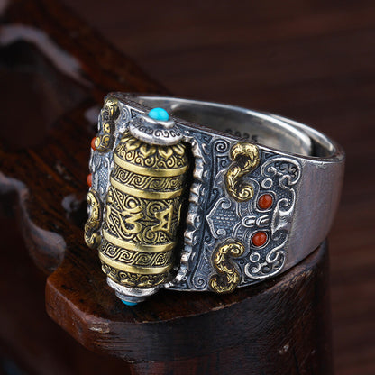 Retro Tibetan Buddhist Ring Can Be Turned and Personalized Adjustable Ring