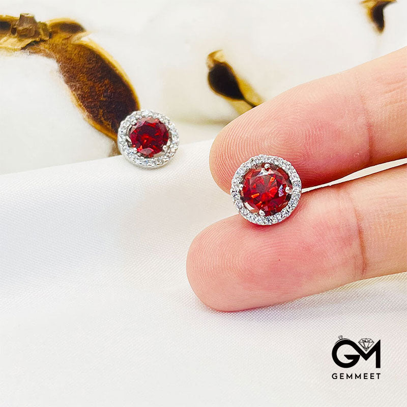 Ruby Gem Full Stones Circle White Gold Stud Earrings