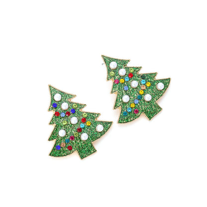 Christmas Earrings New Alloy Drop Oil Imitation Pearl Christmas Tree Earrings Female Cute Color Zircon Earrings