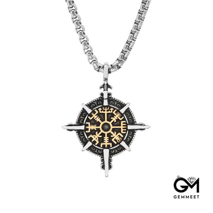 Vintage Stainless Steel Compass Rune Necklace