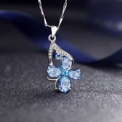 Blue Topaz Drop Clover Lucky Necklace