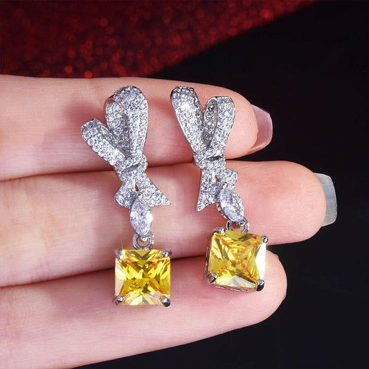 New Jewelry Radiant Cut Earrings Super Flash Powder Diamond Ice Flower Cut Full Diamond Bow Earrings