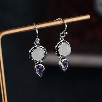 Round Moonstones Drip Amethyst Dangle Earrings