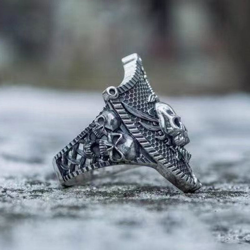 Vintage Sword With Shield Skull Ring