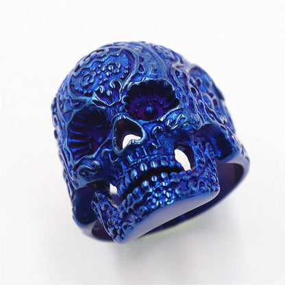 Stainless Steel Colorful Engraved Skull Ring