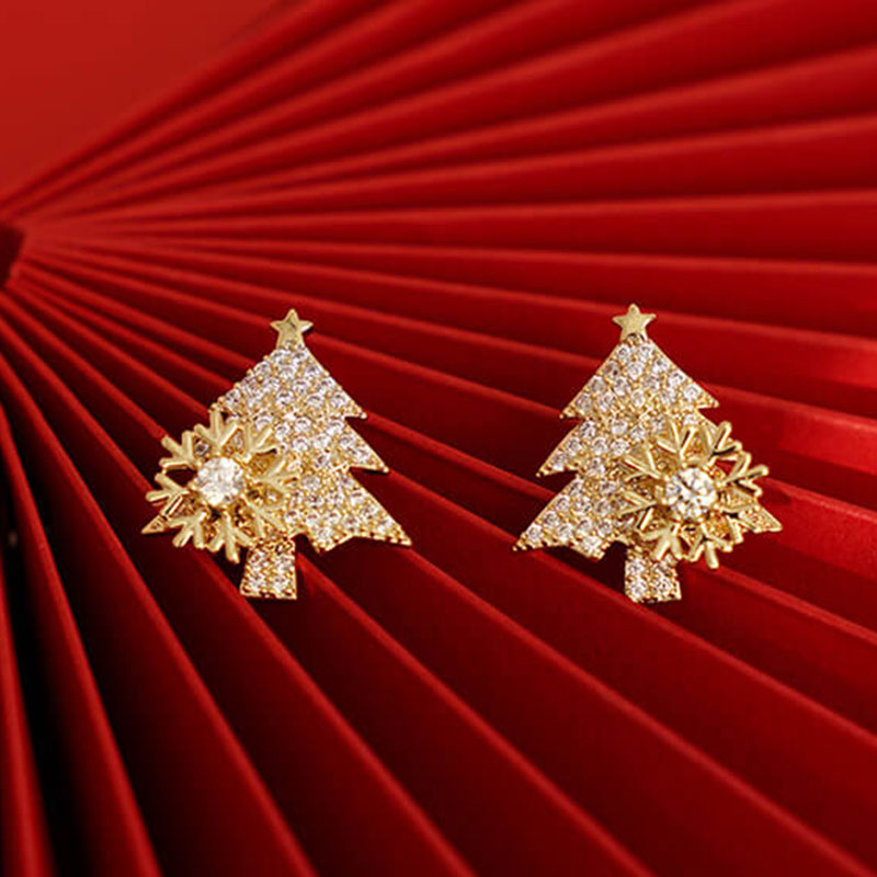 Christmas Tree Stud Earrings Micro-paved Zircon Rotatable Colorful Christmas Gift Snowflake Earrings