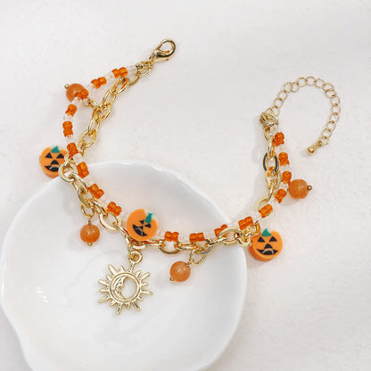 Halloween Chain Rice Beads Double Layer Moon Sun Pumpkin Clay Pendant Bracelet