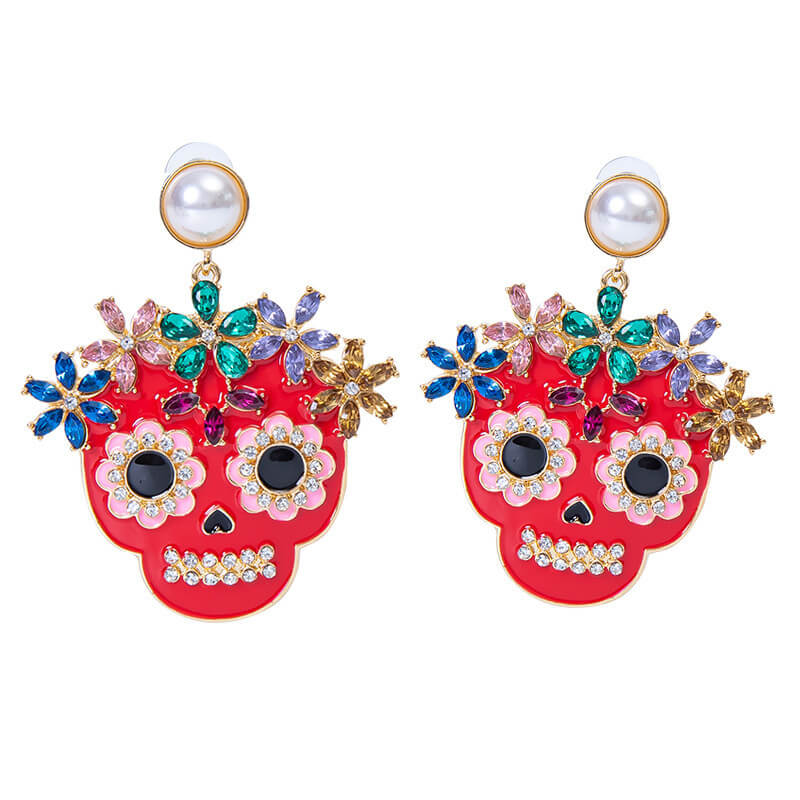 Halloween Personality Exaggerated Full Inlaid Zircon Dripping Oil Skull Earrings Fashion Trend Ladies Earrings