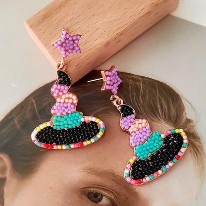 Halloween Cartoon Witch Magic Hat Rice Beads Earrings