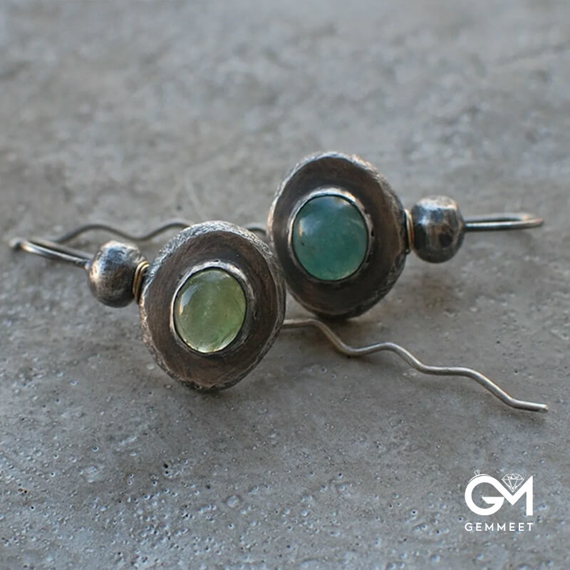 Asymmetrical Teal Stone Boho Silver Long Wound Silk Earrings