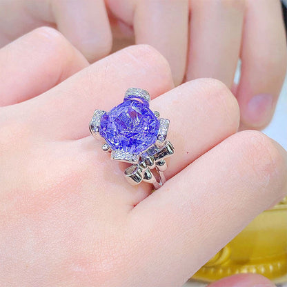 Light Luxury Topaz Blue Ring Large Carat Imitation Emerald Amethyst Yellow Diamond Colorful Treasure Bow Open Ring