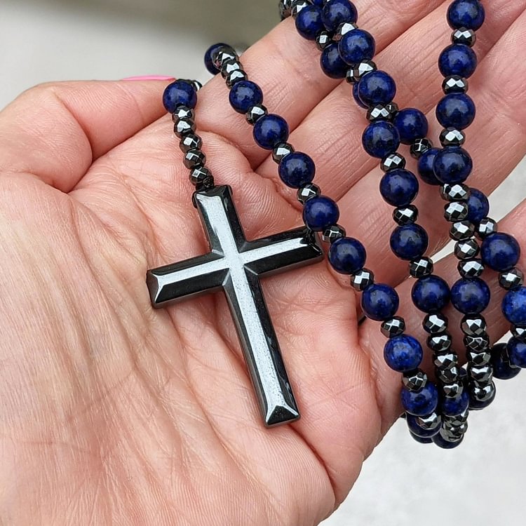 Tiger Eye Lapis Lazuli Cross Men Rosary Necklace