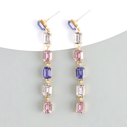 Multi-layered Rectangular Long Tassel Earrings with Colored Zircons