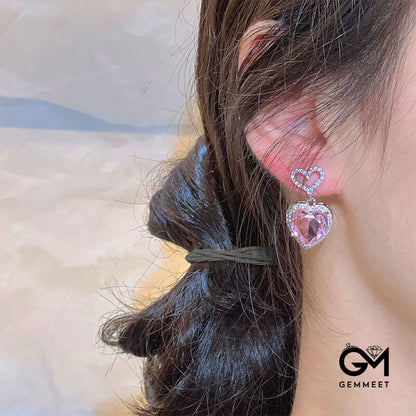 Light Luxury Love Temperament Earrings Sweet Pink Zircon Heart-shaped Earrings