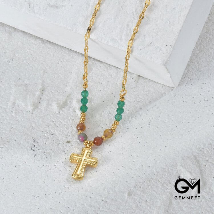 Crystal Beads Stainless Steel Cross Necklace