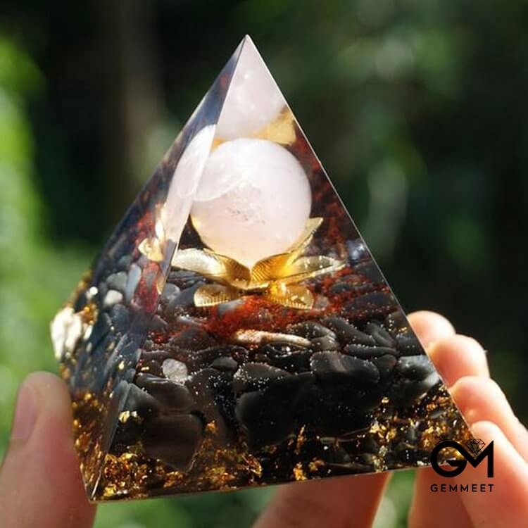 Clear Quartz Obsidian Lotus Symbol Orgone Pyramid