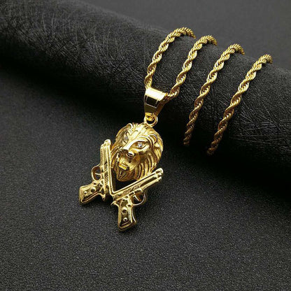 Hip Hop Jewelry Gold Plated Zircon Pistol Lion Head Pendant