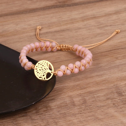 Double Woven Bracelet with Tree Pendant Pink Diamond Stone Bead