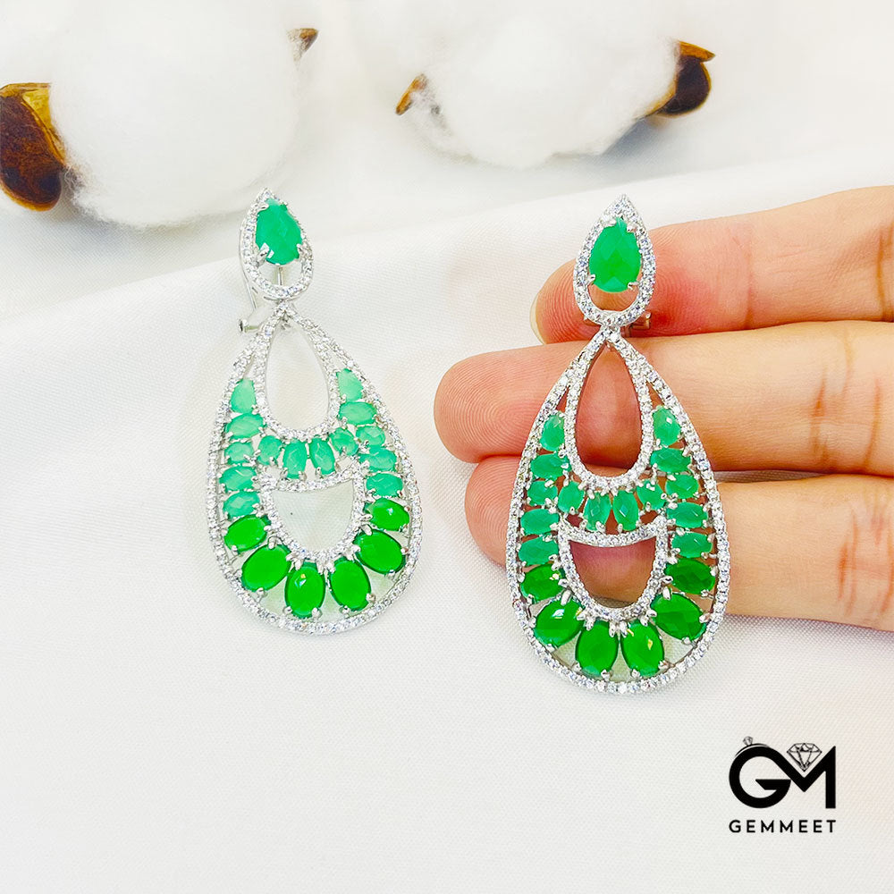 Pear-Shaped Center Hollow Green Stone Pendant Earrings